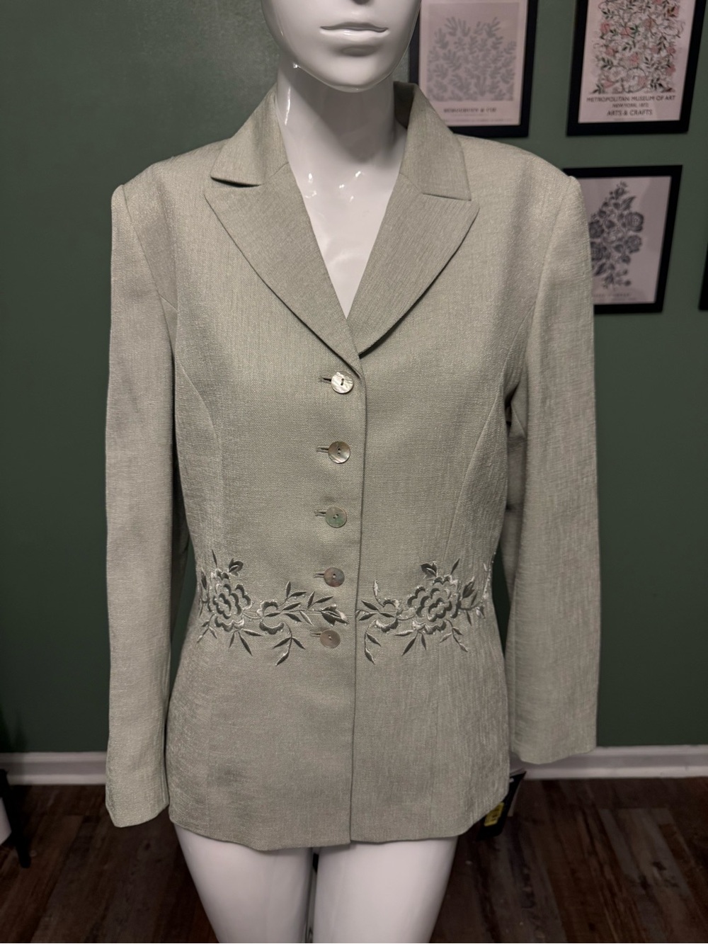 Kasper Sage Green Embroidered Button-Front Blazer